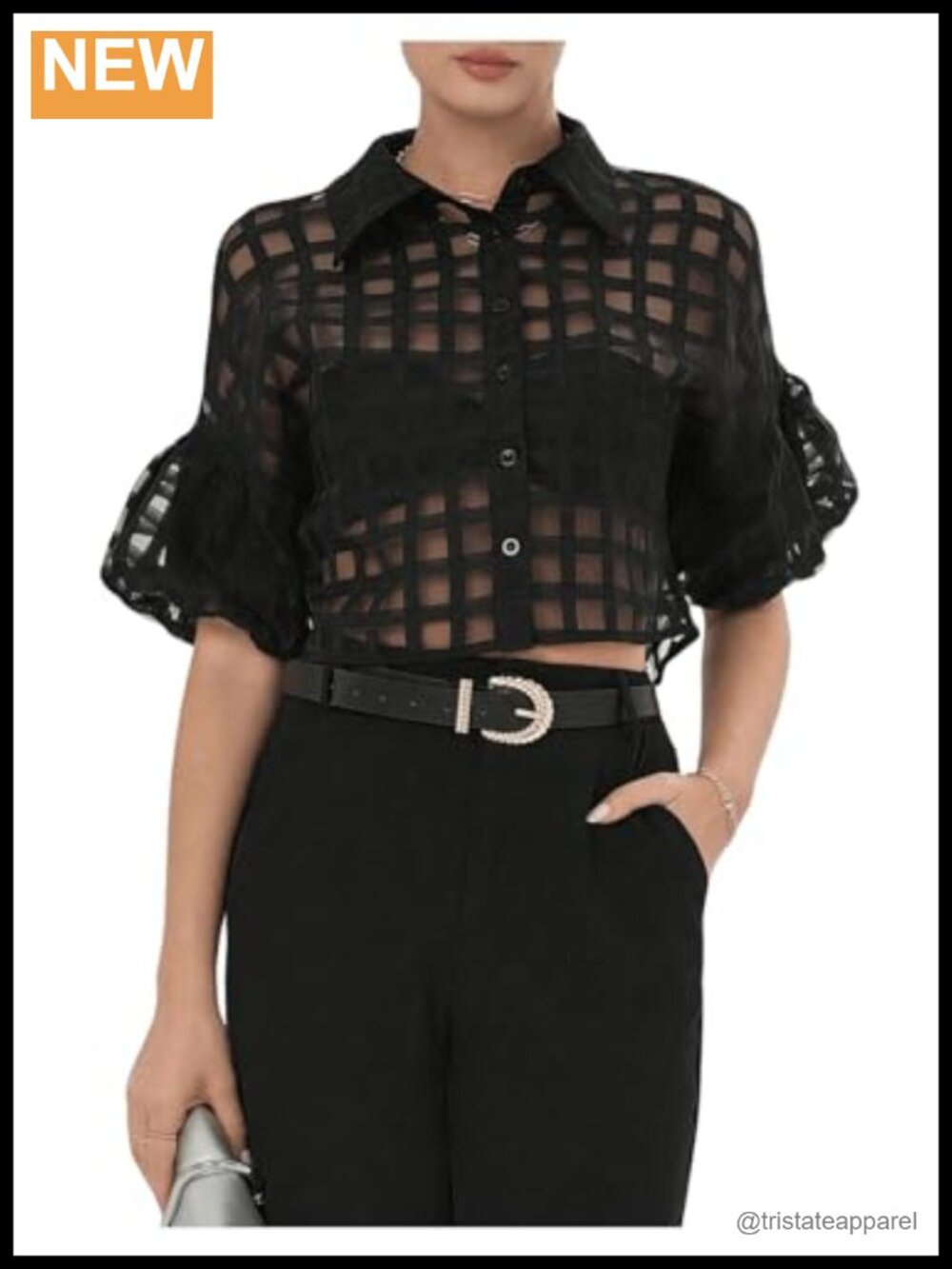 Women's Sheer Mesh Plaid Button Down Crop Blouse Short Sleeve